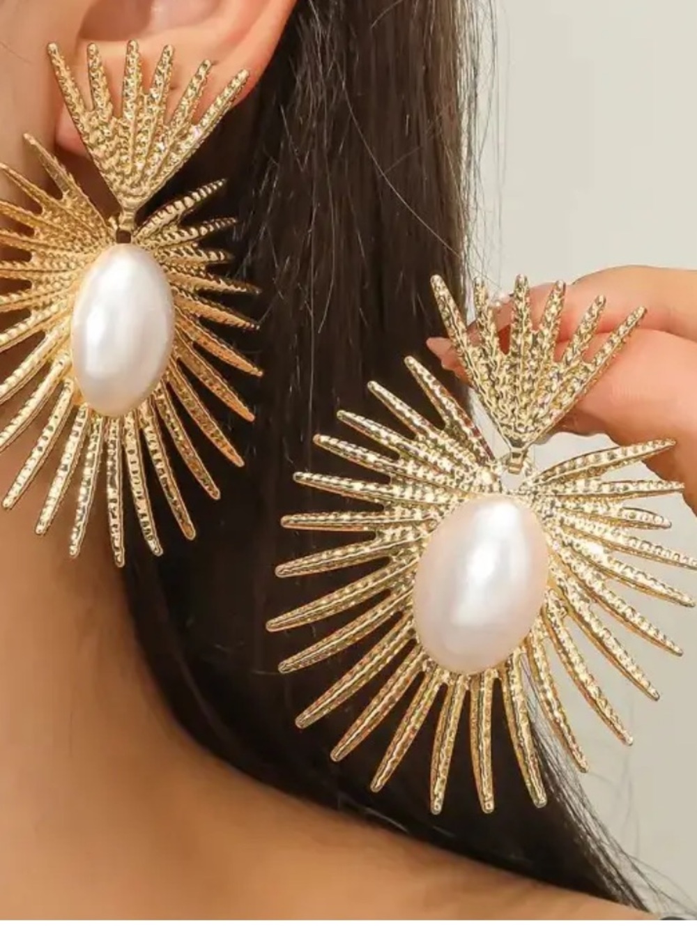 Dangle Fan Shaped Gold Sunburst Pearl Drop Earrings Women Jewelry